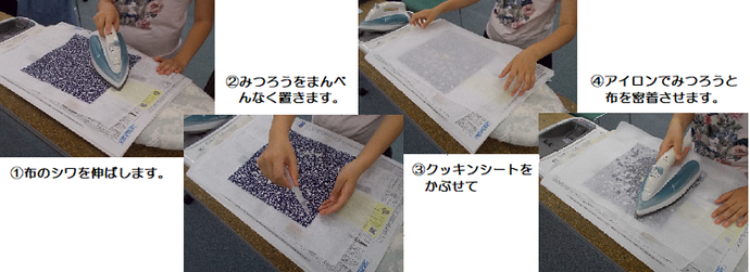 写真：（1）布のシワを伸ばします。（2）みつろうをまんべんなく置きます。（3）クッキングシートをかぶせて（4）アイロンでみつろうと布を密着させます。
