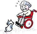 イラスト：猫がいることに気づいた赤い車いすに乗った老人の様子