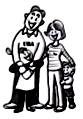 イラスト：小さい子供二人と夫婦が立って笑っている様子