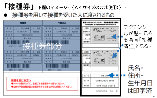 写真：接種券のサンプル（接種券を用いて接種を受けた人に渡されるもの）