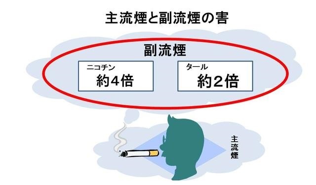 イラスト：主流煙と副流煙の害を示す図