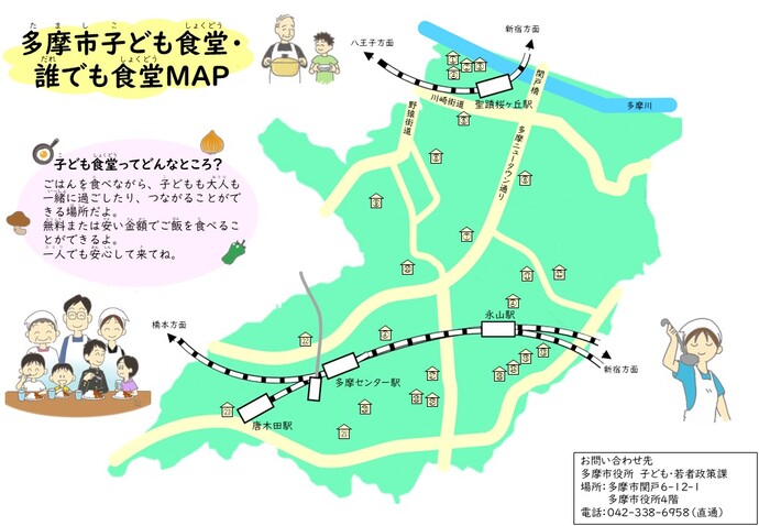 令和7年12月時点の子ども食堂・誰でも食堂の市内簡易地図（子ども食堂・誰絵でも食堂MAPの表面）