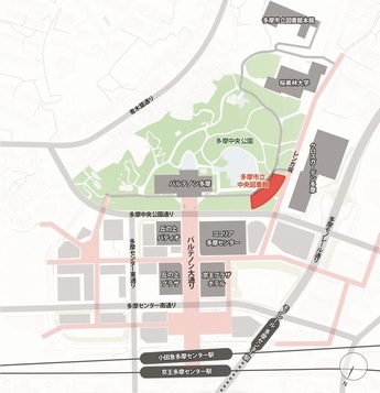 地図：多摩センター駅から中央図書館までの案内図
