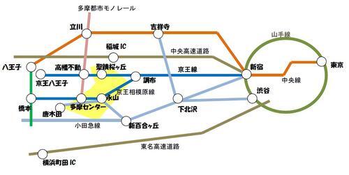 地図：電車で多摩市へアクセスするための路線図