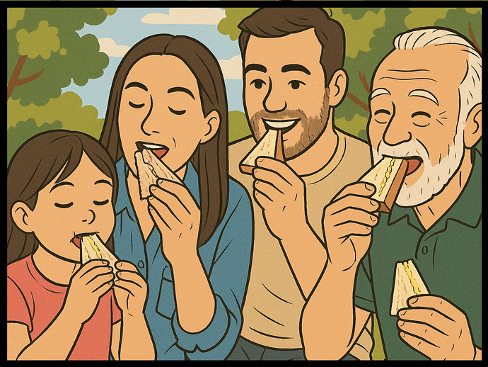 画像:多世代がサンドイッチを食べて交流する様子