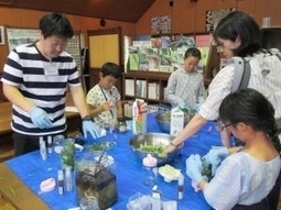 植物の葉とアルコールを混ぜている参加者の写真