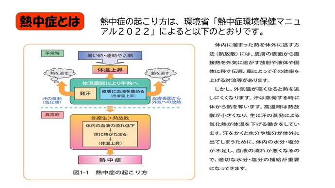 熱中症の起こり方は、環境省「熱中症環境保健マニュ アル2022」によると以下のとおりです。