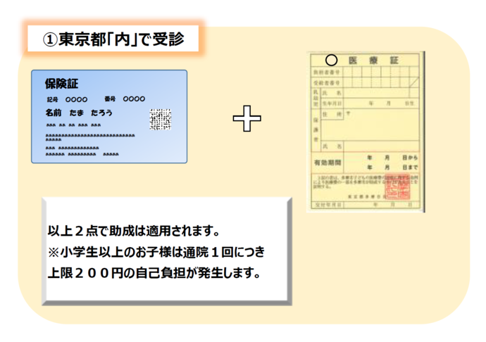 お子様がけが等をされ、東京都内の病院を受診される場合は健康保険の資格が確認できるものと付与された子ども医療証を医療機関の窓口へ提出すると助成が受けられます。