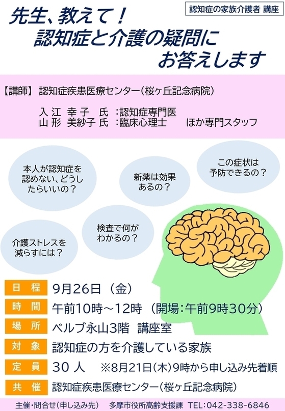 令和7年度　認知症の家族介護者講座「先生、教えて！認知症と介護の疑問にお答えします」チラシ
