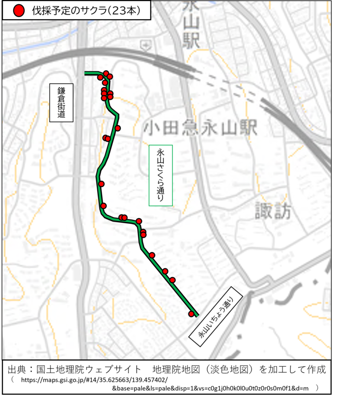 永山さくら通りの特に危険な状態のサクラの位置図