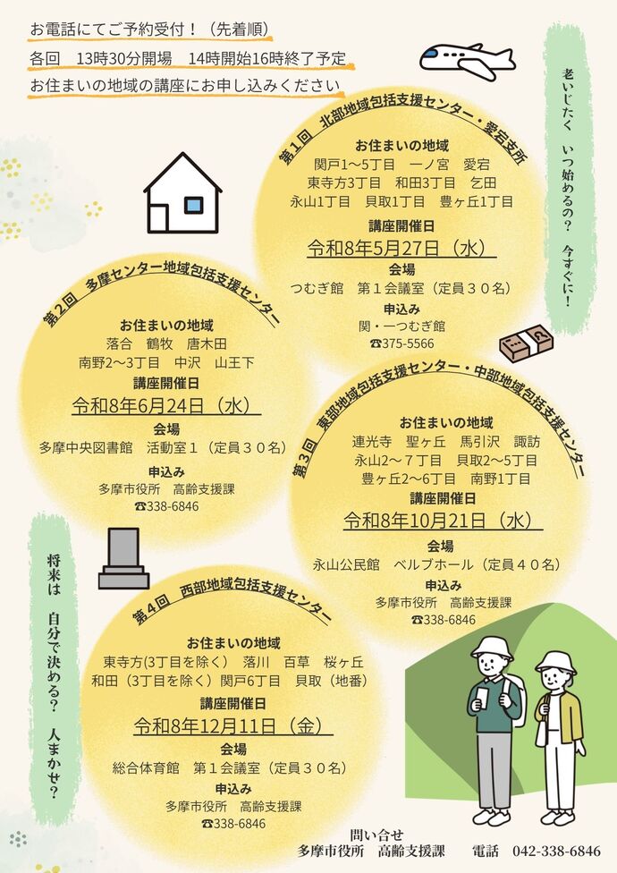 第1回 北部地域包括支援センター・愛宕支所は令和8年5月27日(水曜日)、会場はつむぎ館第1会議室(定員30名)、申込は関・一つむぎ館へ電話(375-5566)。第2回多摩センター地域包括支援センターは令和8年6月24日(水曜日)、会場は多摩中央図書館第1講座室(定員30名)、申込は高齢支援課へ電話(338-6846)、第3回東部地域包括支援センター・中部地域包括支援センターは令和8年10月21日(水曜日)、会場はベルブ永山ベルブホール(定員40名)、申込は高齢支援課へ電話(338-6846)。第4回西部地域包括支援センターは令和8年12月11日(金曜日)、多摩市立総合体育館第1会議室(定員30名)、申込は高齢支援課へ電話(338-6846)。