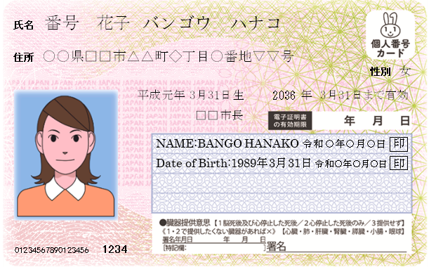 氏名の振り仮名、ローマ字氏名、西暦表記の生年月日を印字したマイナンバーカードのイメージ
