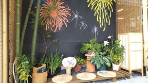 花火の絵を背景に、夏の植物を飾った装飾の写真